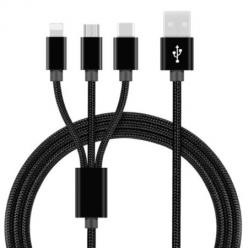 Kabel pleciony 3w1 Ładowarka iPhone + Micro USB + Typ - C - Czarny