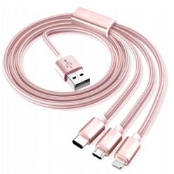 Kabel pleciony 3w1 Ładowarka iPhone + Micro USB + Typu C - Różowy