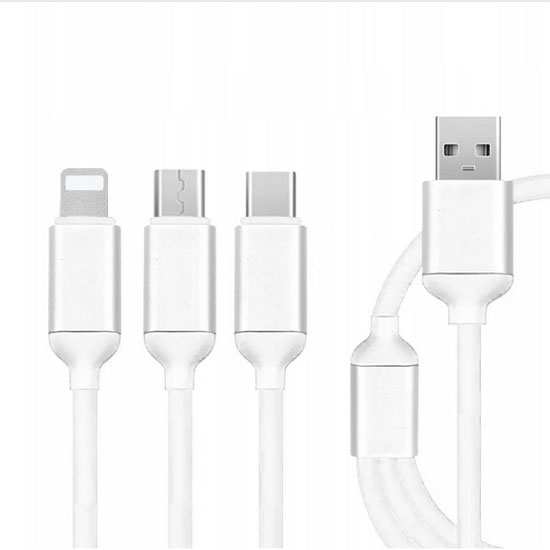 Kabel pleciony 3w1 - Ładowarka iPhone + Micro USB + Typ-C - Biały