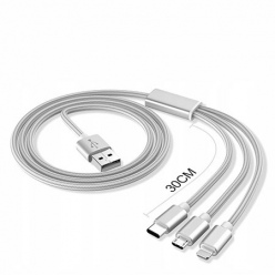 Kabel pleciony 3w1 - Ładowarka iPhone + Micro USB + Typ-C - Srebrny